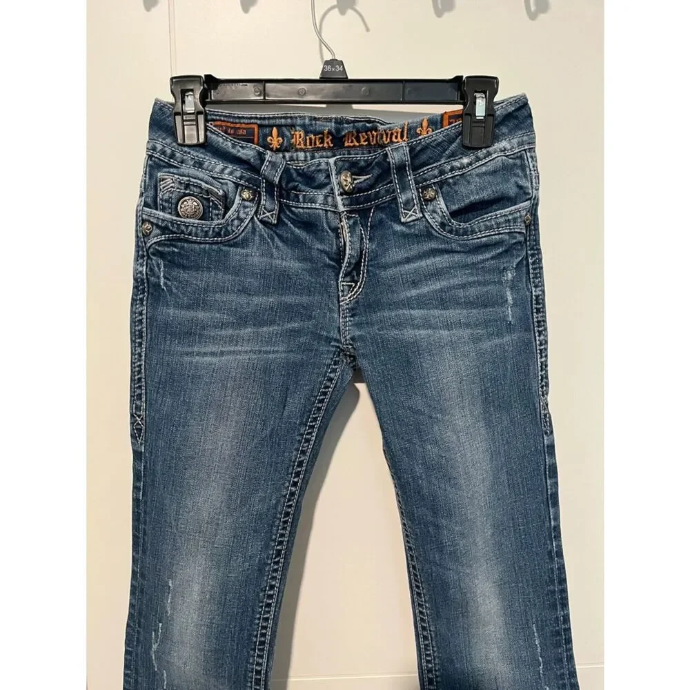 Rock Revival Tori Straight Blue Factory Distressed Denim Jeans Western Rodeo